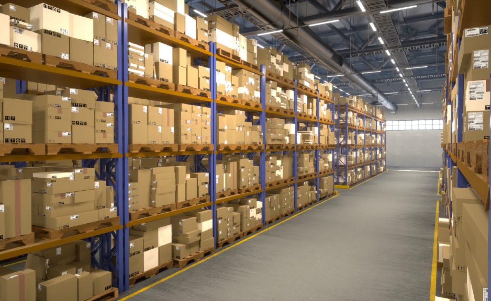 Vast storage building full of products placed on industrial racks with tag Vast storage building full of products placed on industrial racks with tag